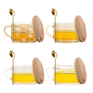 14oz Clear Embossed Glass Cups Vintage Coffee Mugs Overnight Oats Containers With Bamboo Lids And Spoons