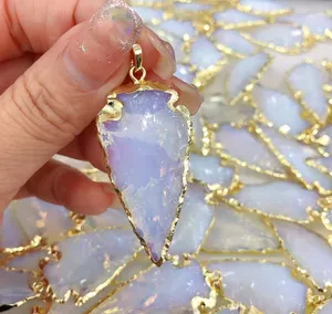 Guangzhou Supplier Natural Crystal Hand Carved Stone Opal Pendant Bead Gemstone Gold Edge Arrowhead Charms for Jewelry Necklaces
