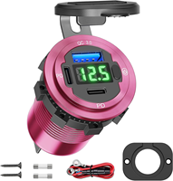 Prise double 78W 12V, chargeur rapide USB-C PD & QC3.0 en métal rouge avec voltmètre et interrupteur