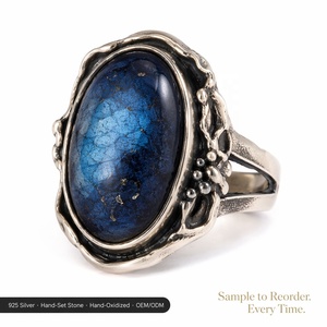 Customized Deep Blue Natural Stone Statement Ring 925 Sterling Silver Hand-Oxidized Granulation Boho Vintage Womens OEM ODM Bulk - Product Image 1