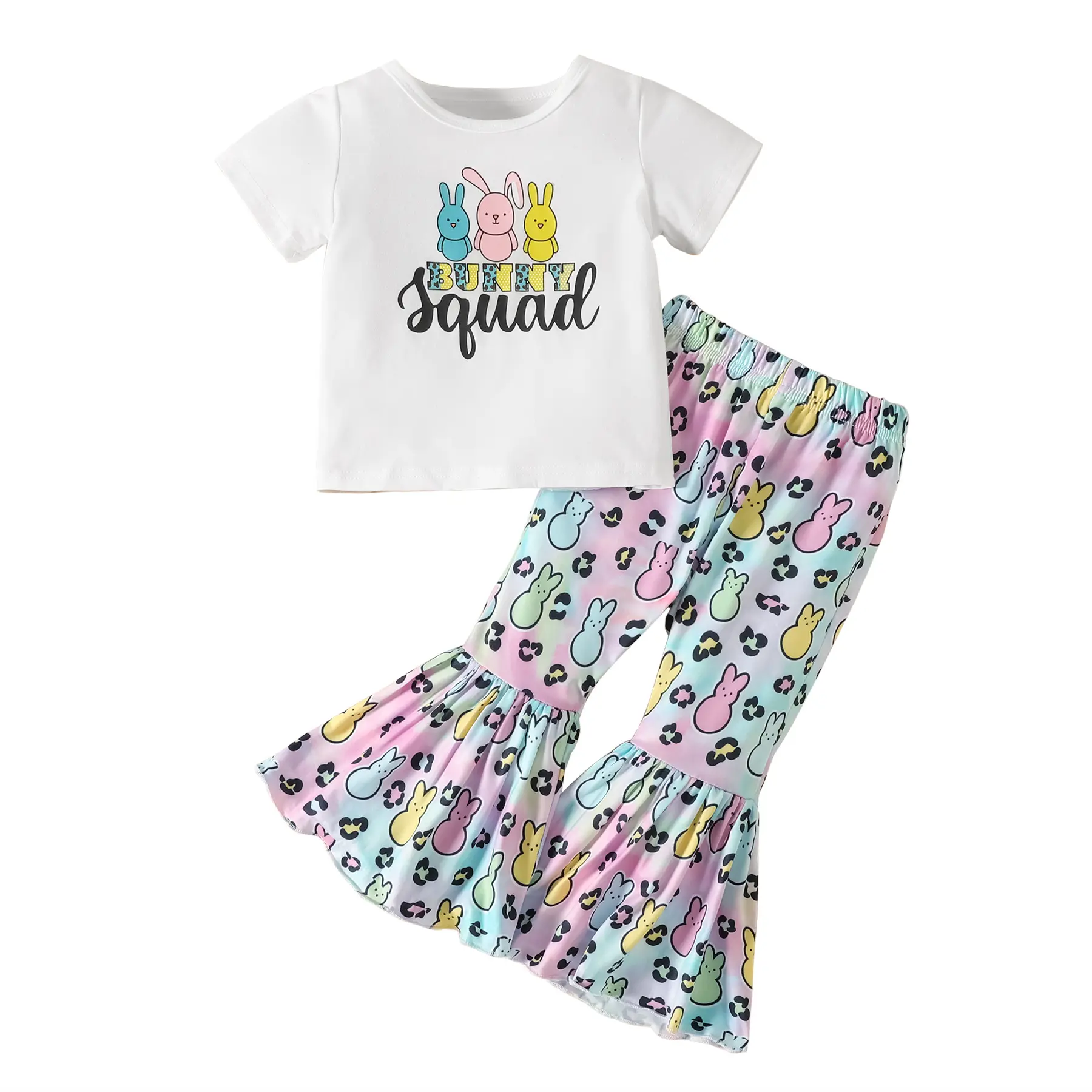 Easter children's wear European and American girls' new spring and summer suit cartoon rabbit print short-sleeved T-shirt flared