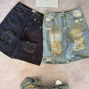 Pantalones Cortos de Mezclilla Personalizados Estilo Streetwear, Capris Largos, Shorts 3/4, Jeans Holgados, Moda Vintage, Lavado Desgastado, Efecto Descolorido por el Sol, para Hombre - Product Image 1