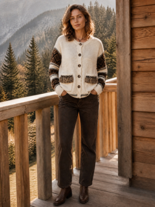 Cardigan da Donna Retrò <span class=keywords><strong>con</strong></span> Motivi Geometrici Jacquard, Collo Tondo, Bottoni Frontali, Maniche Lunghe, Maglione Lavorato a <span class=keywords><strong>Maglia</strong></span> <span class=keywords><strong>con</strong></span> Dettagli Tasche a <span class=keywords><strong>Frange</strong></span> - Product Image 2