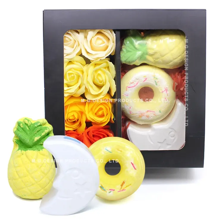 Organic Handmade OEM Customized Donut Pineapple Rainbow Moon Large Bath Bombs Rose Paper Soap Yellow Autumn Series Gift Set