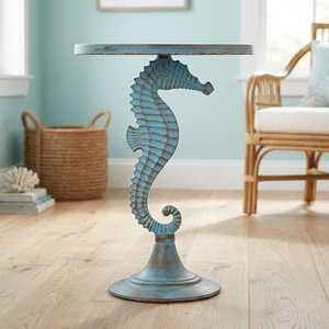 Sculpture de cheval de mer en métal bleu, faite à la main, décoration côtière pour salon - Product Image 5
