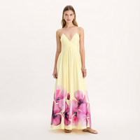 Robe longue plissée jaune personnalisée pour femme, taille empire, col en V profond, bretelles spaghetti, imprimé floral aquarelle, idéale pour les vacances d'été et les stations balnéaires