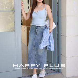 Jupe mi-longue en jean taille haute Runqi, grande taille, bleu délavé, couleur unie, style décontracté rétro pour femme - Product Image 5