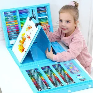 Set Kit Gambar Seni 208 buah, perlengkapan pensil gambar cat air Premium remaja untuk anak-anak