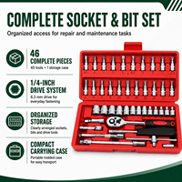 Jeu de clés à cliquet 46 pièces, entraînement 1/4 pouce, en acier à haute teneur en carbone, douilles métriques 4-14 mm, cliquet 24T, kit d'outils, direct usine OEM ODM