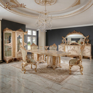 Nouvel ensemble de table à manger classique de luxe, meubles sculptés dorés, Turquie, ensembles de salle à manger haut de gamme avec texture marbre et <span class=keywords><strong>miroir</strong></span> buffet - Product Image 1