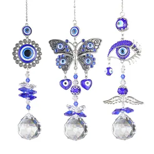 Atacado Butterfly Sun Catcher Pendurado Wind Chime Decoração para casa Turquia Blue Eye Evi Eye Crystal Sun Catchers