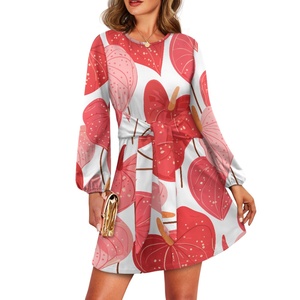Custom-printed Hawaiian Taro Leaf Chiffon Waist-tie Long-sleeved Maxi <strong>Dress</strong> Women's A-line Casual Loose <strong>Ruffle</strong> Suitable <strong>All</strong> - Product Image 1