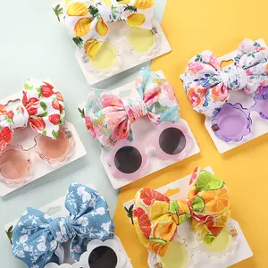 Wholesale New Design 2pcs Set Color Printing Sunglasses Cute Bow Soft Jersey Endless Hair Band Set Headband For Baby