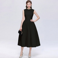Robe noire de haute qualité pour femmes, style rétro, col Peter Pan, sans manches, coupe trapèze, longueur midi, robe décontractée pour soirée