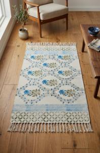 Blue Green Floral Block Print Cotton <b>Rug</b> 4x6 Handmade Carpet with Tassels <b>Boho</b> Floor Mat Living Room Decor - Product Image 1