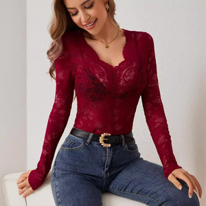 Haut à manches longues en dentelle noire pour femmes, col en V, tenue de club sexy, printemps 2024 - Product Image 4