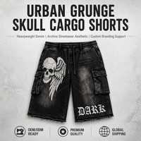 Shorts cargo en jean gothique pour homme, délavé à l'acide, en tissu épais, taille élastique, style streetwear