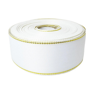 Ruộng băng E-Magic bán buôn, rộng 1 inch, viền vàng kim loại, 100% polyester, in logo tùy chỉnh, băng grosgrain trắng viền vàng - Product Image 3