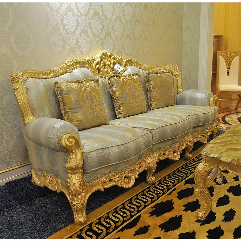 Antieke Luxe Romantische Gouden Kleur Houten Stof Franse Bankstel