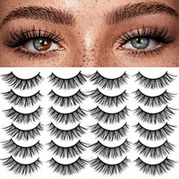 ISABELLA Faux cils en vison synthétique 14mm, effet naturel 3D, œil de chat, noirs, tiges en coton, plateau PBT, lot de 14 paires