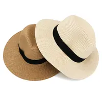 Vente en gros de ruban de plage d'été personnalisé Fedora paille femmes hommes soleil dame Panama plat fermier pour chapeau de paille unisexe 2022