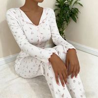 Vêtements de maison pour femmes, col en V, ourlet roulé, motif floral, tissu rayé, respirant, confortable, manches longues