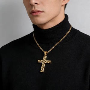 Collier religieux en acier inoxydable avec pendentif croix, design grille unique, bijoux chrétiens gravés, bijoux de mode - Product Image 2