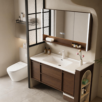 Meuble-lavabo moderne en noyer avec miroir à cadre squeletté et étagères ouvertes, armoire de rangement murale pour salle de bain