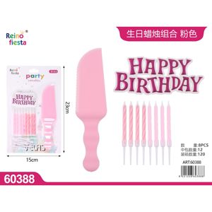 Set di candele di compleanno rosa da 8 pezzi con coltello da torta e segno di buon compleanno per decorazioni per feste - Product Image 1