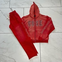 Ensemble de survêtement deux pièces OEM assorti, sweat à capuche zippé et pantalon de survêtement, délavé à l'acide, effet soleil, avec cordon de serrage clouté