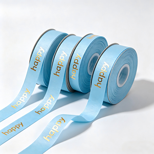 Light Blue Grosgrain <b>Ribbon</b> 1-1/2 Inch Gold Foil Printed Happy Text Single Face Gift Packaging Decorative Trim - Product Image 1