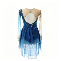 Robe de patinage artistique asymétrique à manches longues en maille bleue dégradée avec strass pour enfants et adultes, idéale pour les compétitions et spectacles de patinage sur glace