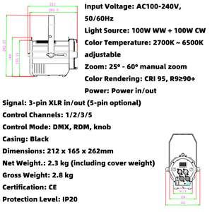 100W Blanc Chaud + 100W Blanc Froid LED 25 °-60 ° Zoom Manuel Fresnel Spotlight 4-Leaf Barn Door Stage Lighting for News Interviews - Product Image 2