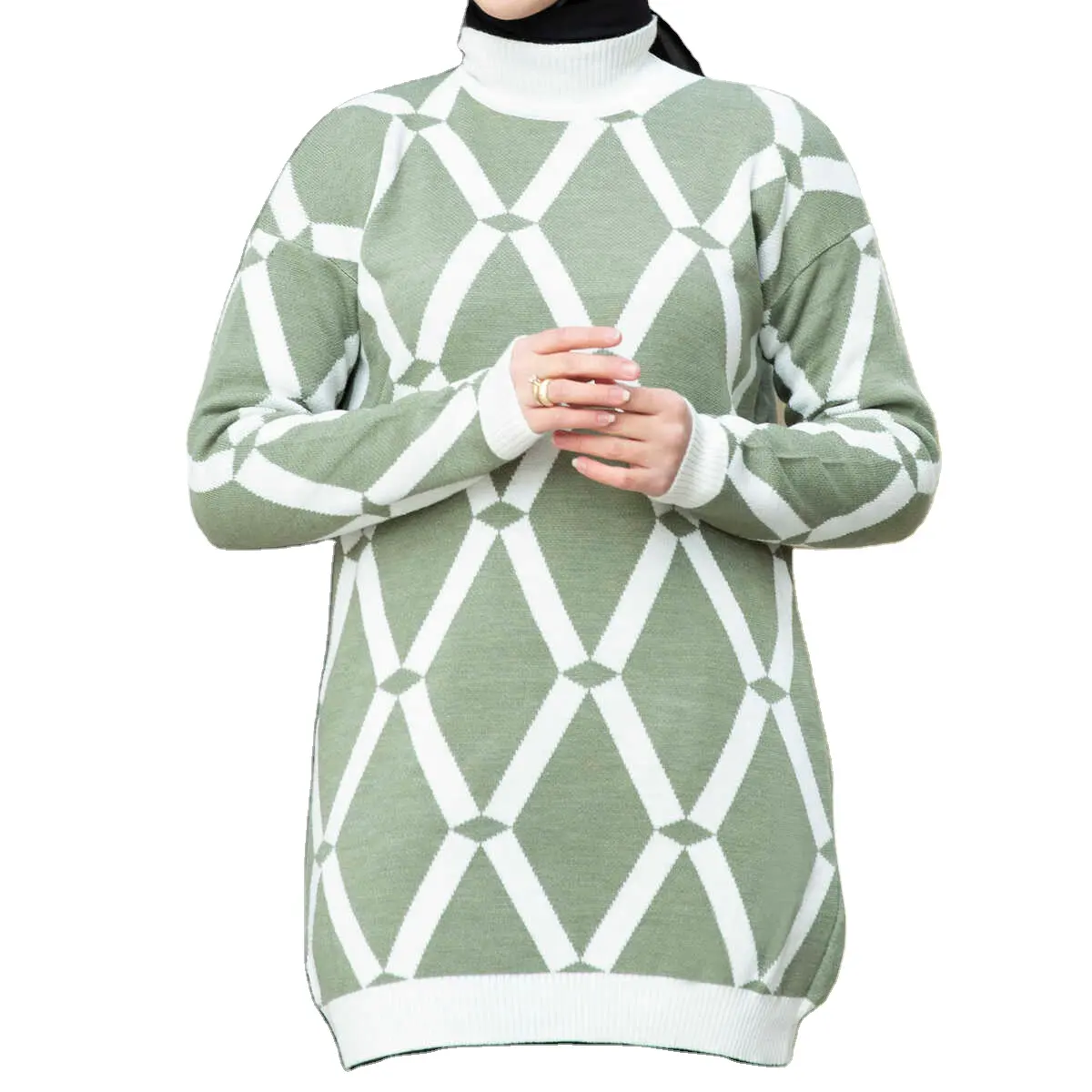 Wholesale Muslim Women Islam Clothing Patterned Hijab Knitwear Tunic
