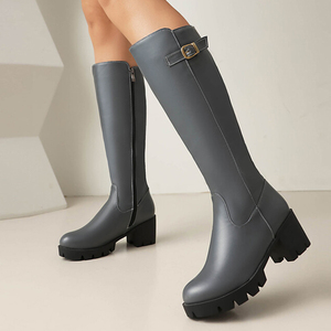 Low Price Metal Buckles Shoes Low Chunky <b>Heels</b> Long Boots Women's Big Size 46 Wide Fit Knee High Booties - Product Image 1