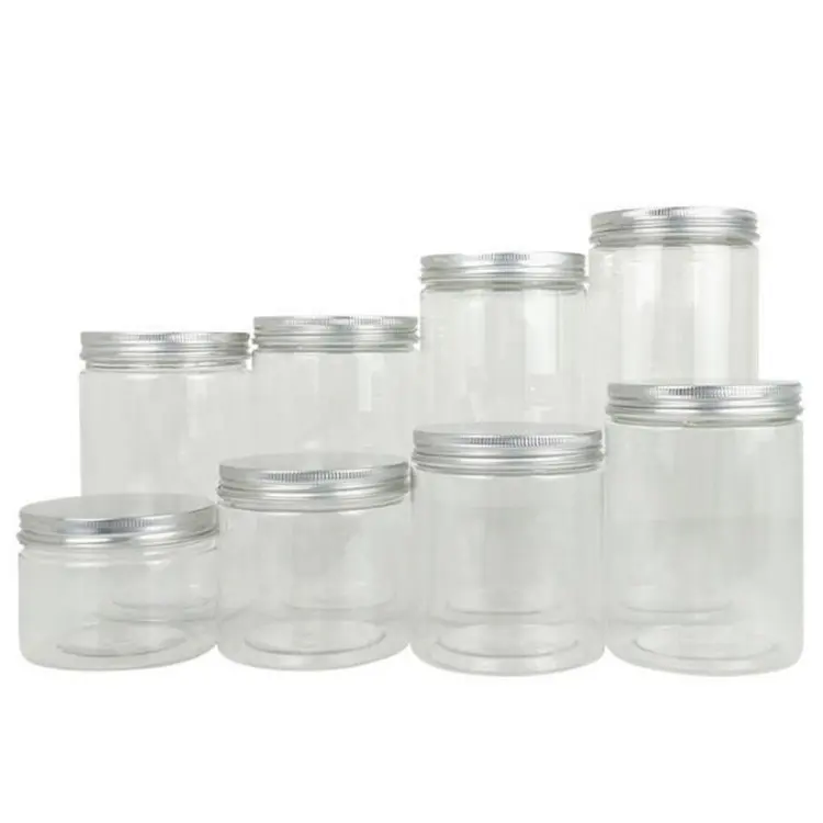 2021 récipient 50ml 60ml 80ml 100ml 120ml 140ml 150ml 180ml 200ml 250ml 500ml D'ANIMAL FAMILIER clair pot à bonbons en plastique avec bouchon en aluminium