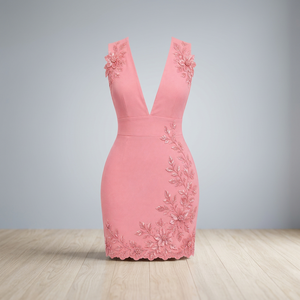 Pink Satin Breathable Empire Waist Floral Embroidered Evening Gown Sleeveless V-Neck Bodycon Mini <b>Cocktail</b> Dress - Product Image 3