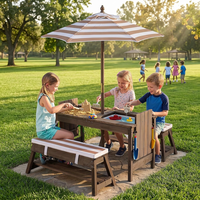 Table de pique-nique 4-en-1 pour enfants avec banc, boîte amovible, parapluie, housse imperméable, outils de jardin et coussins