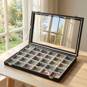 Caja organizadora de terciopelo con tapa para exhibición de joyas y relojes, con 12, 18, 24 o 30 compartimentos, al por mayor - Product Image 1