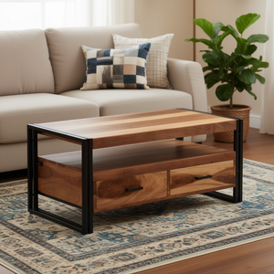 Solid Acacia Wood Coffee <b>Table</b> <b>Brown</b> Powder Coated Steel Frame Modern Industrial Living Room Furniture D0100HHH4GT - Product Image 2