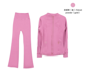 Lulu 2 piezas Misty Pink Sports Women's Lu Yoga Set Ropa Al Zipper Gold Jacket <span class=keywords><strong>De</strong></span> Ribbed Workout Wear Gym Fitness Yoga Set - Product Image 4