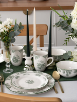 Nouvel ensemble de vaisselle de luxe en porcelaine fine de 12 pièces pour 6 personnes avec motif paysager fleurs vertes