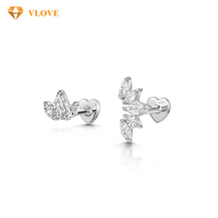 Boucles d'oreilles clous en diamant de laboratoire taille marquise, or blanc massif 9K, dos plat, pour empilage, bijoux fins