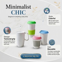 Mug de voyage réutilisable en porcelaine avec couvercle en silicone, manchon antidérapant côtelé, compatible micro-ondes et lave-vaisselle, logo personnalisé coloré pour café/bureau
