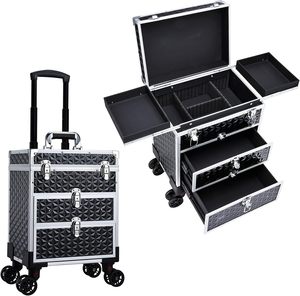 Aluminum Trolley Train <b>Case</b> with 360° Swivel Wheels Professional <b>Makeup</b> Rolling <b>Case</b> with Sliding Drawers Travel Cosmetic Box - Product Image 1