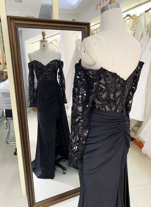 Off Shoulder Gradient Black-Silver Sequin Long Prom Dresses, PD0858