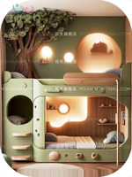 Lit superposé double en bois massif sur mesure Mori Green Tree House pour enfants, design minimaliste, multifonctionnel avec escalier, lit pour frères