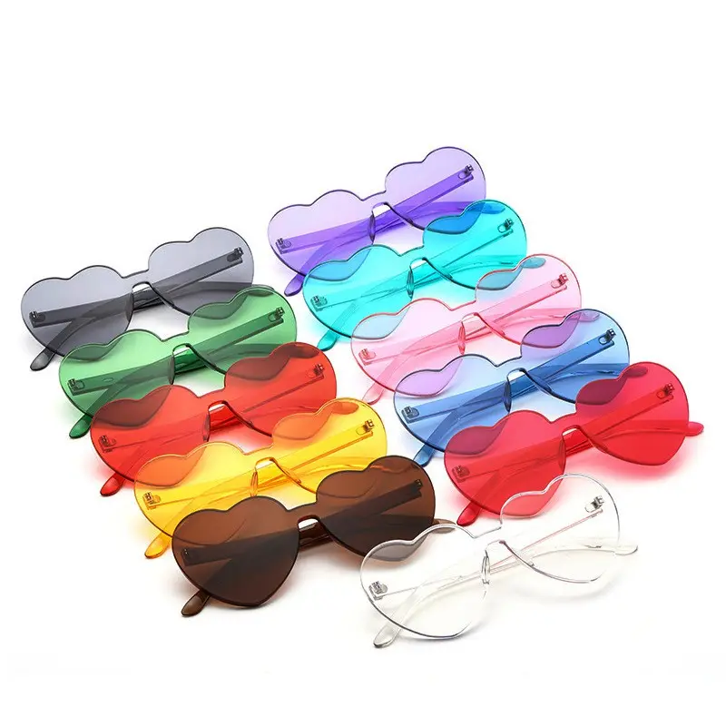 Wholesale Custom Logo Frameless Lens Eyewear Candy Color PC Rimless Sun Glasses New Trendy Luxury Heart Shaped glass Sunglasses