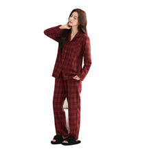Christmas <strong>Thermal</strong> Pyjamas Family Gift Set Red Checkered Brushed Cotton V-neck Button <strong>Long</strong> <strong>Sleeves</strong> 180g Twill Casual <strong>Women</strong> Spring - Product Image 2