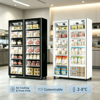 Congélateur vertical à double porte avec vitrine, écran intégral en verre, sans givre, refroidissement par air, congélation rapide pour supermarché